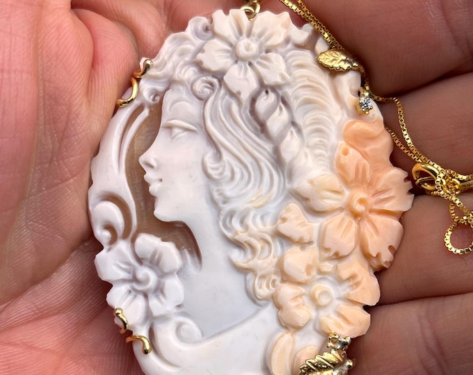 Hand Carved Shell Cameo Pendant – Woman Among Flowers, 18K Gold Vermeil 925 Silver, Elegant Gift for Her, Italian Handmade