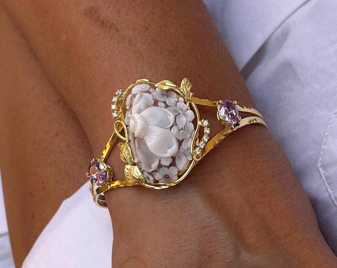 Hand Carved Floral Shell Cameo Cuff Bracelet | Rhodium Silver, Amethyst, Crystals (18–25cm)