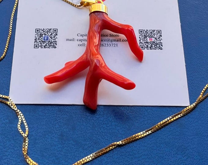 Natural red coral branch pendant, handmade in Italy, sterling silver bail