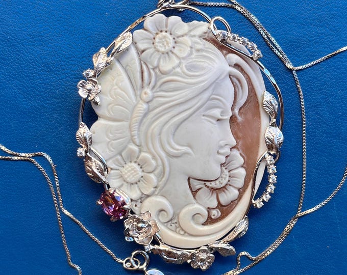 Hand Carved Sardonyx Shell Cameo Necklace, Sterling Silver Floral Jewelry