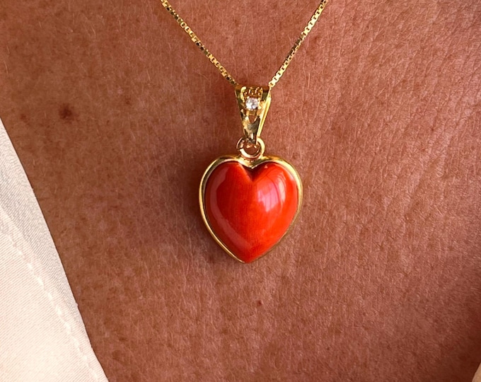 Handmade Italian Coral Heart Pendant: 18k Gold-Plated Silver Necklace