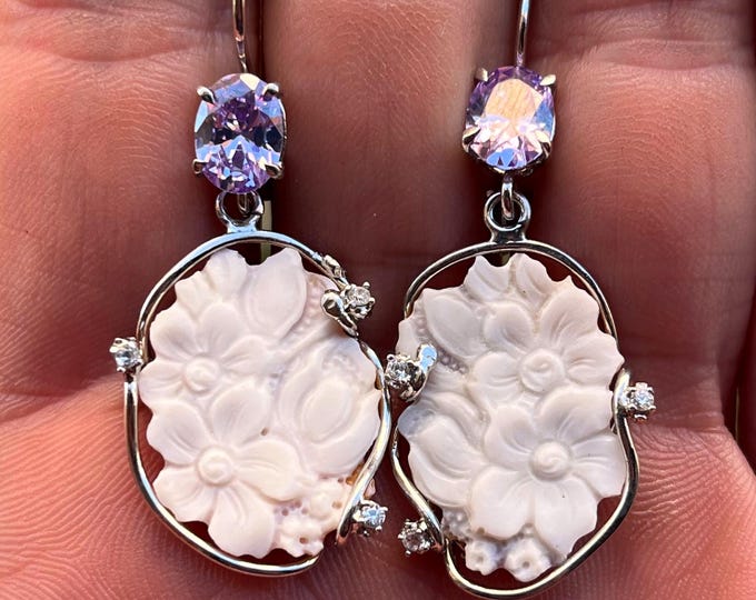 Hand‑Carved Shell Cameo Flower Earrings 20mm, Purple Amethyst & Crystals, 925 Rhodium Silver, Closed Hook, Italian Dangle Earrings