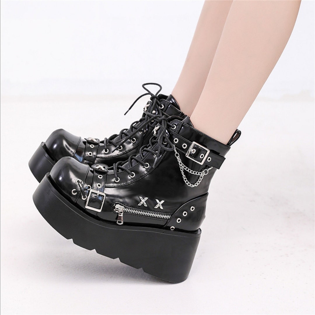 High Platform Black PU Leather Laceup Gothic Boots Round Toe Etsy