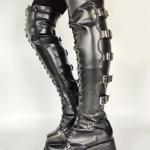 Black PU Leather Thigh High High Platform Gothic Boots, Round Toe Zip ...