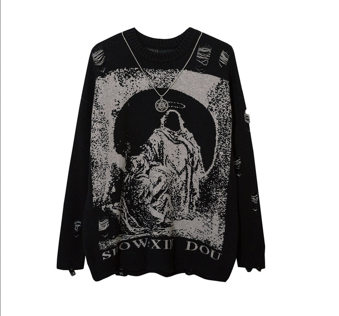 Ripped Frayed Oversized Knitted Sweater Harajuku Winter Tops Black ...