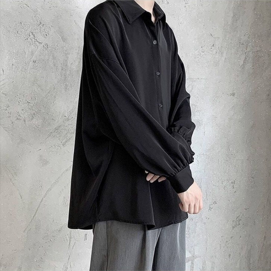 Black Long-sleeved Shirts Men Korean Comfortable Blouses Casual Loose ...