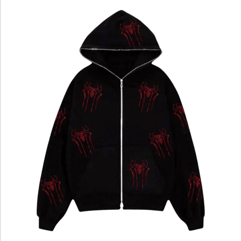 Red Spider Pattern Black Oversized Hoodie Full Zip-up Hoodie - Etsy