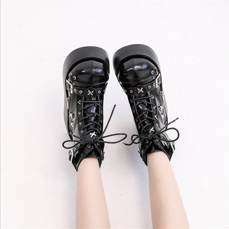 High Platform Black PU Leather Laceup Gothic Boots Round Toe Etsy