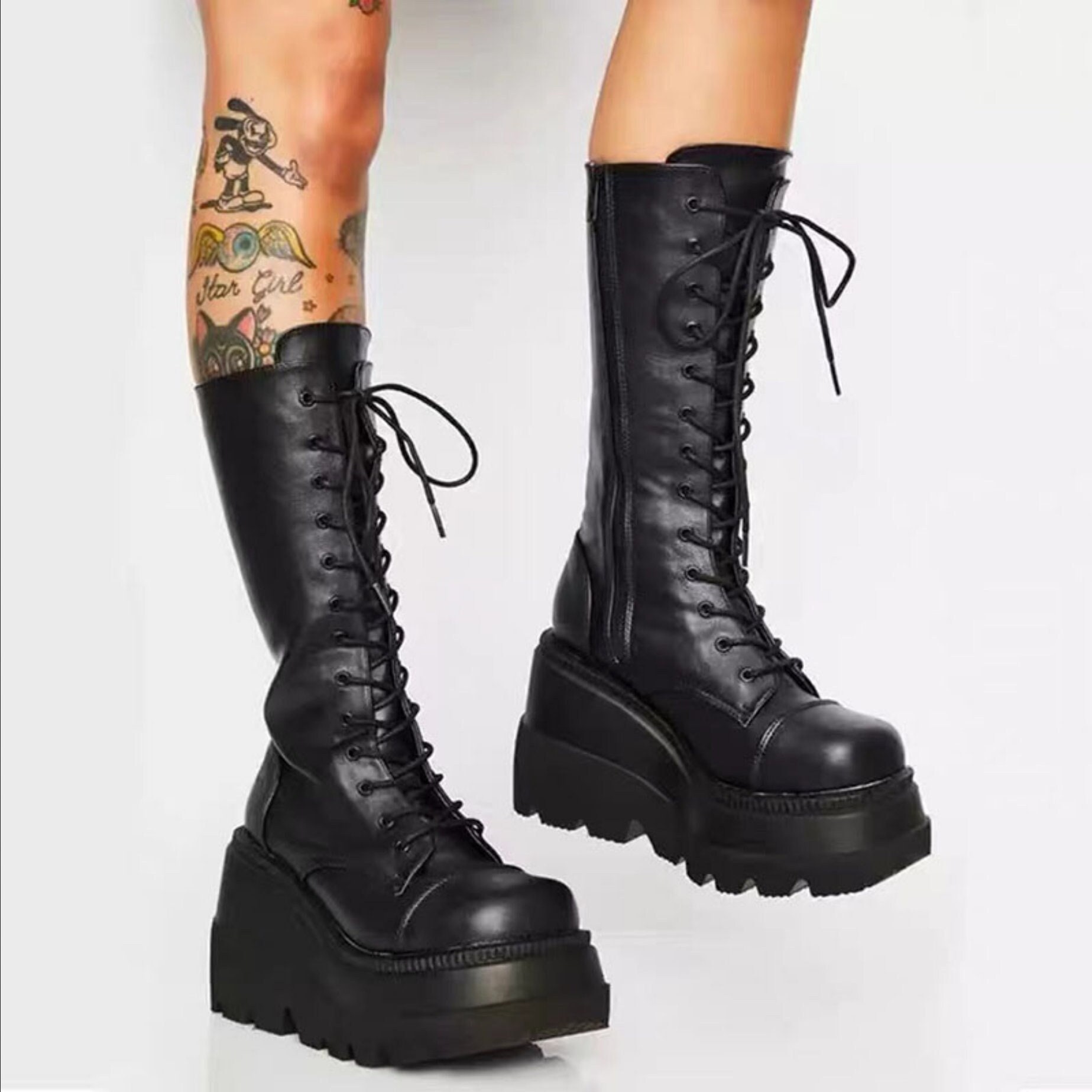 Black Platforms Lace Up Strappy Bandage Punk Rock High Top Sneakers Boots  Shoes