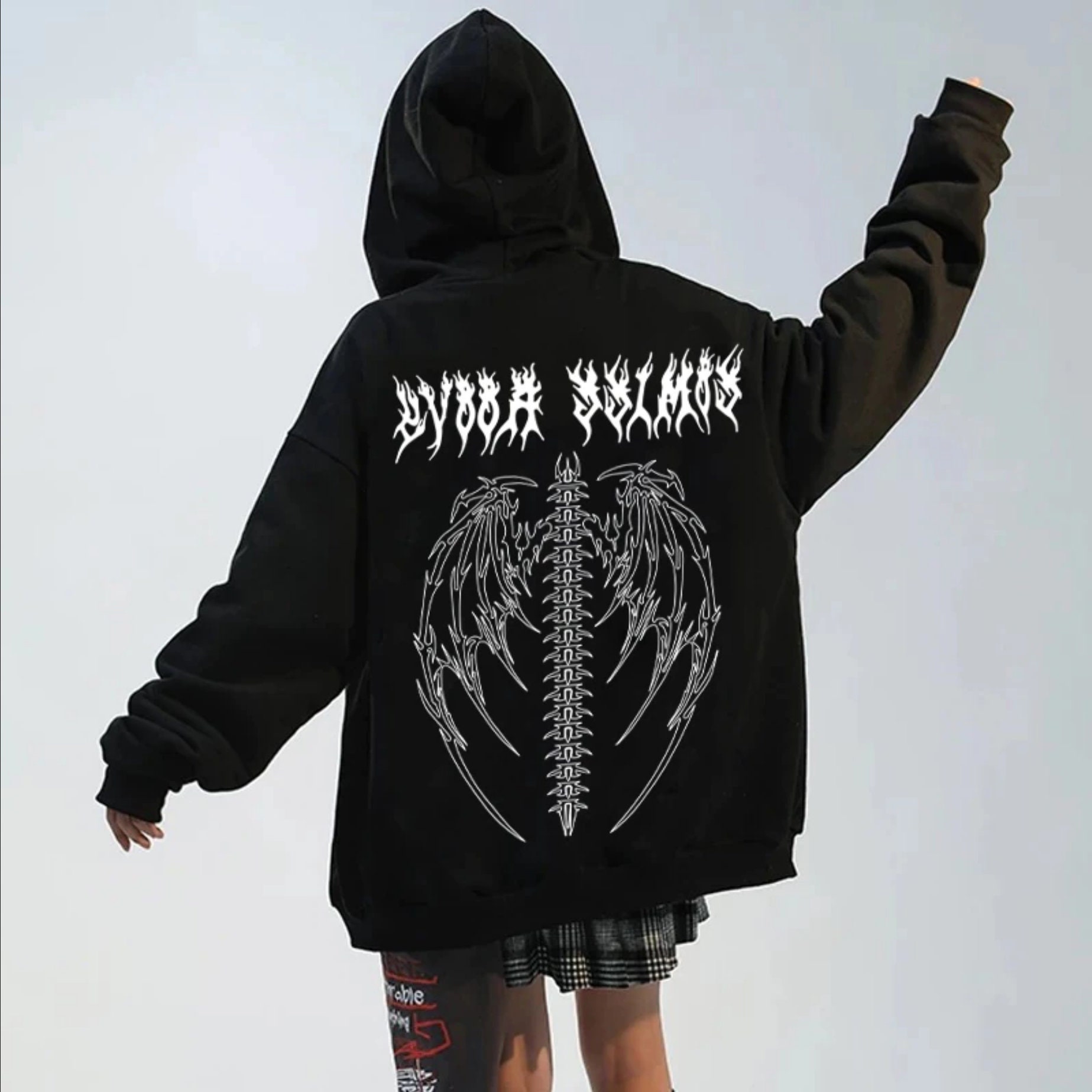 Spiral Winged Skeleton Graphic Hoody – Black Pullover Hoodie, 100% Cotton, Size Small - View #5