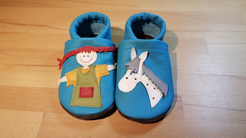 Lederpuschen Pippi Langstrumpf, Krabbelschuhe, Babyschuhe, Hausschuhe, Kinderschuhe, Lauflernschuhe, Leder, Flitzeklein, Selfmadeshoes Bild 2