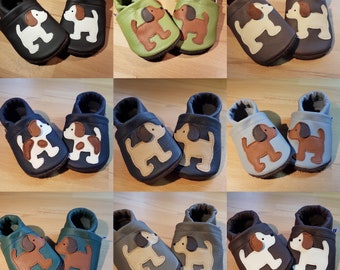 Leather slippers dog standing, in many different colors, crawling shoes, slippers, walking shoes for the first steps, Flitzeklein