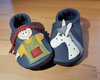 Lederpuschen Pippi Langstrumpf,  Krabbelschuhe, Babyschuhe, Hausschuhe, Kinderschuhe, Lauflernschuhe, Leder, Flitzeklein, Selfmadeshoes