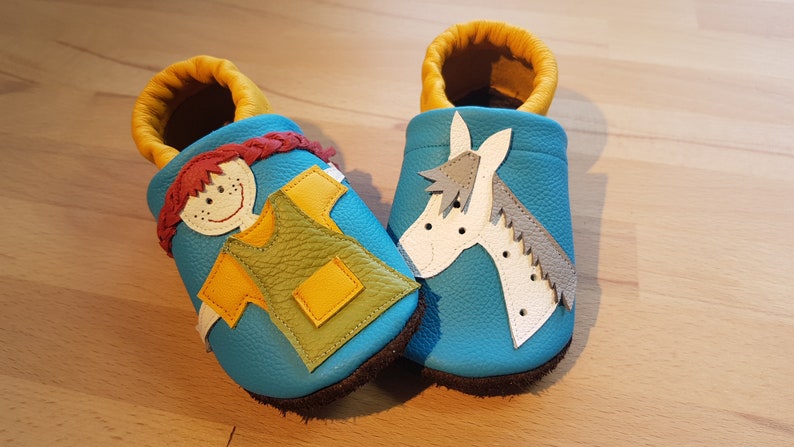 Lederpuschen Pippi Langstrumpf, Krabbelschuhe, Babyschuhe, Hausschuhe, Kinderschuhe, Lauflernschuhe, Leder, Flitzeklein, Selfmadeshoes Bild 6