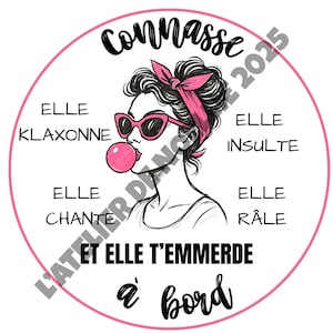 May include: A round graphic with a pink border features a black and white illustration of a woman wearing sunglasses and a pink headscarf, blowing a bubblegum bubble. Text in French surrounds the image, including "Connasse" and "Et elle t'emmerde à bord."