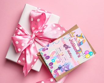 May include: A pink and purple birthday invitation featuring a unicorn and balloons. The invitation reads "Join us for a Magical Celebration" and "Juliana's 4th Birthday". The party is on June 14th at 3 PM. The RSVP number is 123-456-7890.