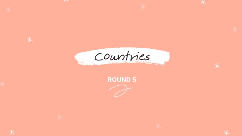 May include: A peach-colored background with white stars scattered across the surface. The text "Countries" is written in black on a white brushstroke banner. Below the banner, the text "ROUND 5" is written in black.