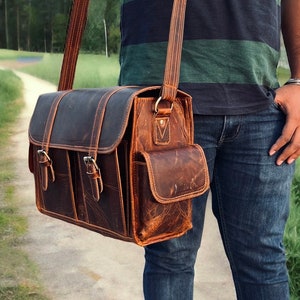 Handmade Leather DSLR Camera Bag: Padded Travel Bag with Extra Pocket, Christmas Gift