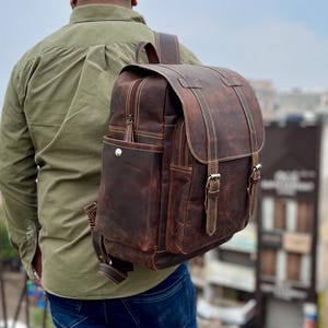 Handcrafted Full Grain Leather Backpack, Weather-Resistant Personalized 15 inch 16 inch Macbook Travel Bag , Large Leather Backpack For Men