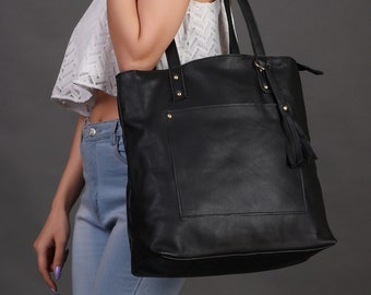 Black Leather Tote Bag for Women Personalized Leather Tote Cowhide leather Tote Bag for Women Leather Tote Bag Handbag Mother's Day Special