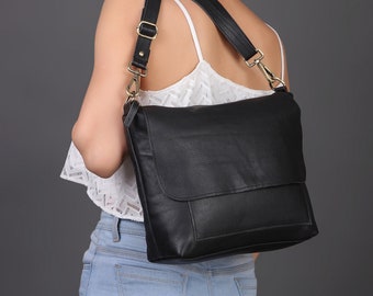 Personalized Black Leather Crossbody Bag, Handmade Shoulder Bag Full Grain Cowhide Leather Sling Bag Women's Leather Black Sling Bag Gift