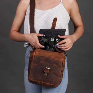 Brown Leather Camera Case Full grain cowhide Leather camera bag DSLR Camera bag, Rustic Leather Travel crossbody bag Father's Day Special image 3