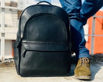 Vintage Black Leather Backpack: Personalized Rucksack, 14-inch Laptop, Birthday Gift