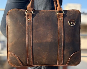 Full Grain Leather Laptop Bag Rustic Brown Leather Messenger bag for men women Personalized Leather Bag Vintage Leather Mother's Day Special