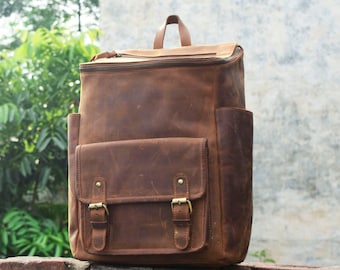 Mochila de cuero personalizada, mochila de cuero marrón, mochila de cuero para hombre, mochila hipster, regalo de viaje, regalo de aniversario de oficina