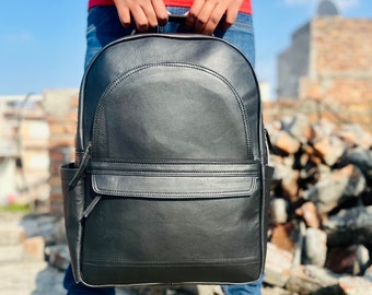 Black Cowhide Leather Laptop Backpack – Minimalist Handmade Unisex Bag – Personalized Office & Travel Backpack with Laptop Compartment Gift