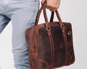 Handmade Cowhide Leather Messenger Bag: Personalized Laptop Bag, Vintage Brown, Vintage Brown Leather Briefcase Minimalist Laptop Bag Gift
