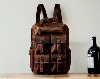Handgefertigter Lederrucksack: 14/16-Zoll-Rindlederrucksack, freie Personalisierung, rustikaler brauner Lederrucksack Rindledertasche Jubiläumsgeschenk
