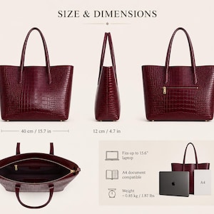 May include: A deep red crocodile-embossed tote bag shown from multiple angles with dimensions of 11.0 in height, 15.7 in width, and 4.7 in depth. It features a top zipper, dual handles, and an interior capacity for a 15.6 in laptop and A4 documents.