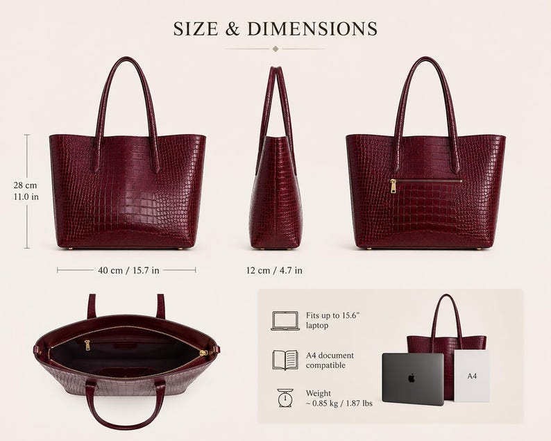 May include: A deep red crocodile-embossed tote bag shown from multiple angles with dimensions of 11.0 in height, 15.7 in width, and 4.7 in depth. It features a top zipper, dual handles, and an interior capacity for a 15.6 in laptop and A4 documents.