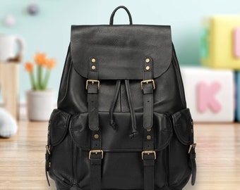 Handmade Black Cowhide Leather Backpack: 16/18 Inch Laptop Rucksack Vintage Leather Laptop Bag Personalised Backpack for men Graduation Gift