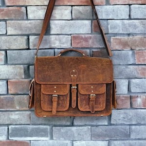 Sac en cuir de vachette fait à la main, porte-documents en cuir personnalisé, sac Messenger brun rétro, sac en cuir vintage, cartable en cui