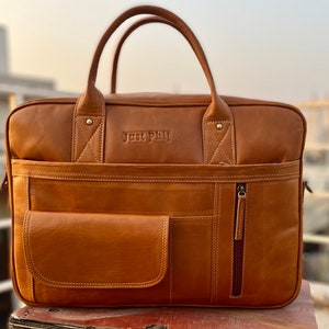 Monogrammed Leather Messenger bag Full Grain Cowhide Leather Laptop bag Men's Messenger Travel Crossbody bag Briefcase Mother's Day Special image 10