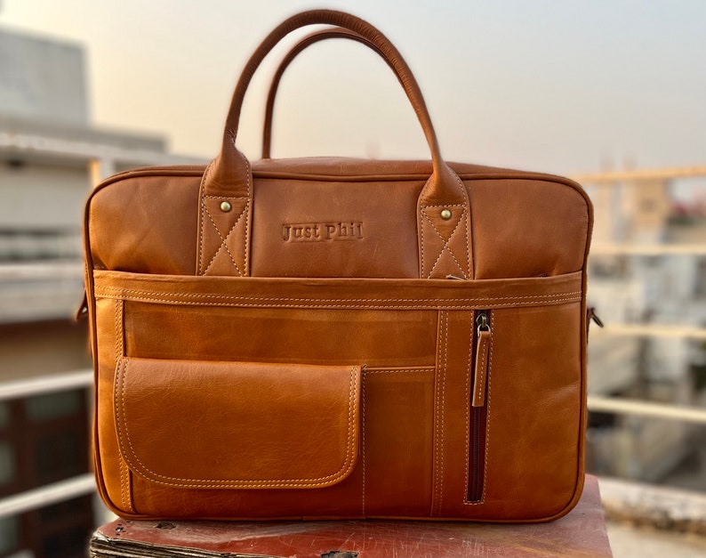 Monogrammed Leather Messenger bag Full Grain Cowhide Leather Laptop bag Men's Messenger Travel Crossbody bag Briefcase Mother's Day Special image 10