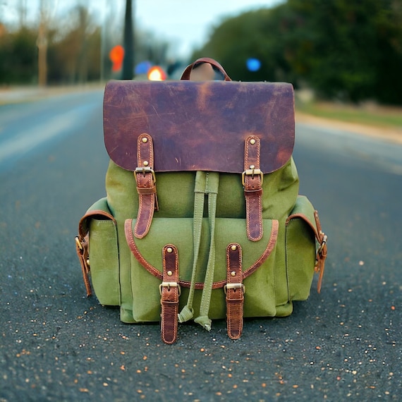 Olive Green Canvas & Leather Backpack: 14-inch Laptop Bag  display picture 2