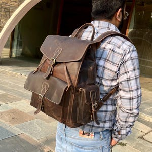 Vintage Brown Cowhide Leather Backpack Leather Rucksack Travel Backpack Hiking Backpack Collage Backpack Laptop Backpack Gift for Men