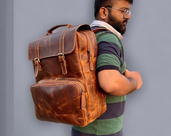 Handmade Cowhide Leather Laptop Backpack 18 Inch Backpack Monogrammed leather backpack College Backpack Leather Rucksack Birthday Gift