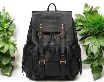 Handmade Black Cowhide Leather Backpack: 16/18 Inch Laptop Rucksack Vintage  Leather Laptop Bag Personalised Backpack for men Graduation Gift