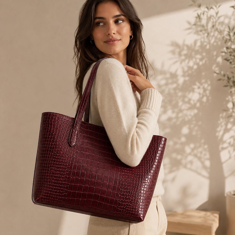 May include: A deep burgundy tote bag featuring a textured crocodile-embossed pattern. The bag has a structured rectangular shape with two vertical shoulder straps attached to the top edge, providing a clean and functional design for daily use.