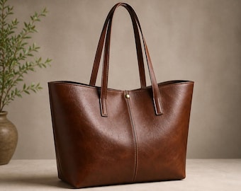 Brown Leather Work Tote Bag, Large Leather Shoulder Bag for Women, Laptop Tote, Handmade Minimalist Handbag, Office Bag Gift for Mom