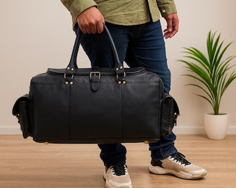 Full Grain Leather Duffel Bag: 18-24 Inch Unisex Weekender, Gym, Travel, Cowhide Black Leather Duffel Genuine Leather bag Birthday Gift