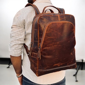 18 Inch Leather Backpack Rustic Brown Cowhide Leather Backpack Handmade Leather Backpack Vintage Brown Leather Laptop Bag Birthday Gift