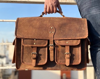Personalized Leather Messenger Bag, Full grain Cowhide Leather Laptop Bag Men Leather Bag Briefcase Rustic Leather Bag Birthday Gift