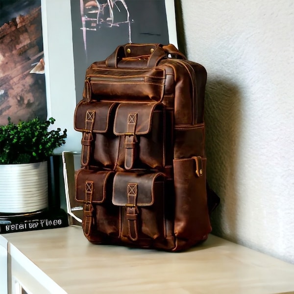 Handmade Leather Backpack for Men and women Leather Rucksack Cowhide Leather Backpack Hiking Backpack College Backpack Brown Backpack Gift
