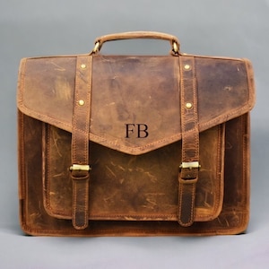 Monogrammed leather messenger bag men Rustic brown cowhide leather laptop bag Engraved leather briefcase laptop workbag Birthday Gift