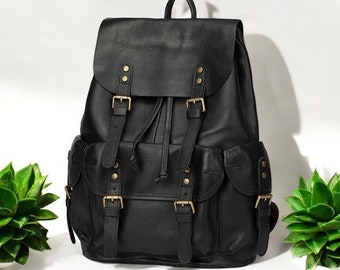 Mochila grande de piel de vaca negra hecha a mano, mochila para portátil, mochila para viajes universitarios, senderismo, bolsa para hombres y mujeres, regalo de cumpleaños